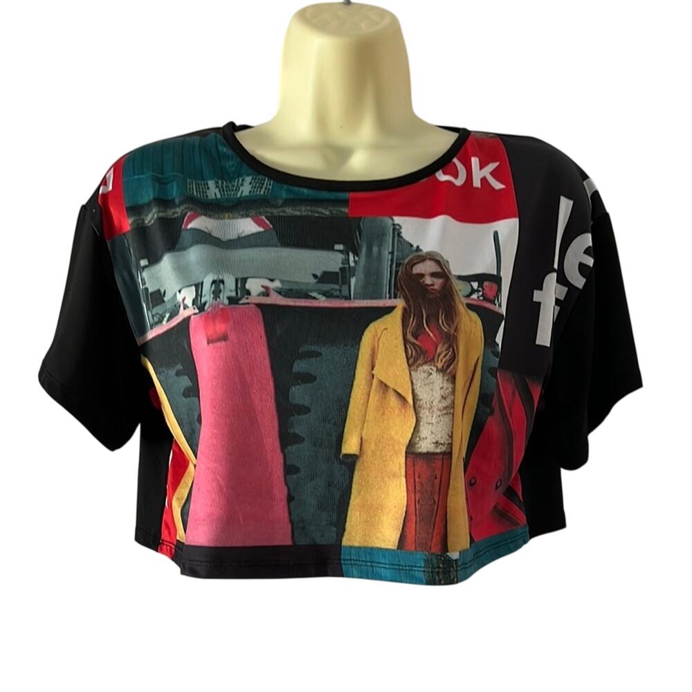 Black and Pink Graphic Crop Top Silky Knit Oversized Boxy Short Sleeve Size S